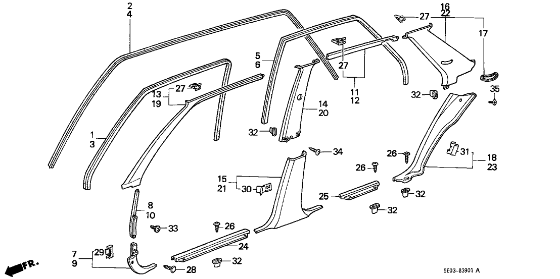 Honda 84161-SE3-901ZF Lining, L. Center Pillar (Upper) *R93L* (SMOOTH RED)