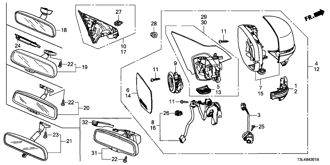 Honda 76200-T3L-A51ZE Mirror Assembly, Passenger Side Door (Crystal Black Pearl) (R.C.) (Heated)