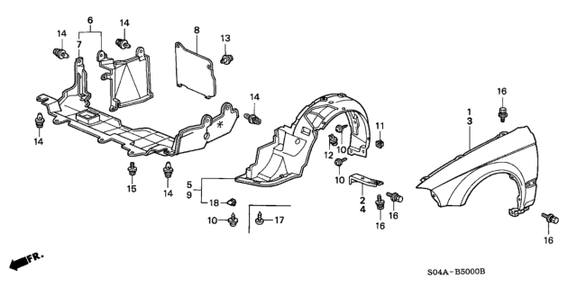 2000 Honda Civic 4 Door GX (ABS) KA 4AT Front Fender Diagram