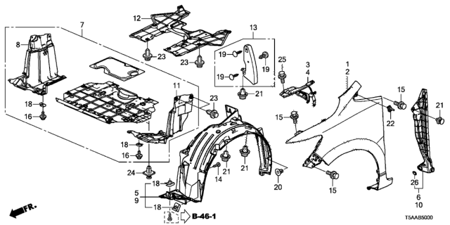 2020 Honda Fit Fender Assembly, Left Front (Inner) Diagram for 74150-T5R-A40