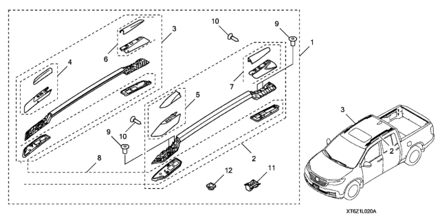 2020 Honda Ridgeline Roof Rails (Silver) Diagram