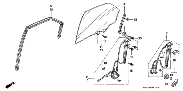 1994 Honda Civic 4 Door LX (ABS) KA 5MT Rear Door Windows Diagram