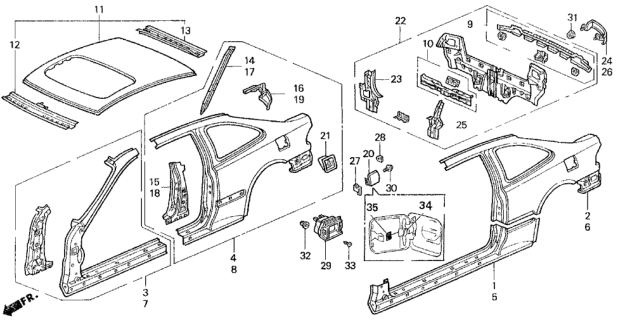 1993 Honda Civic Stiffener Set, RR. Panel (Upper) Diagram for 04664-SR4-300ZZ