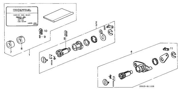 1998 Honda Prelude Cylinder Kit, R. Door Diagram for 06721-S30-A01