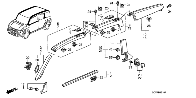 2009 Honda Element 5 Door LX (4WD) KA 5AT Molding - Roof Garnish Diagram