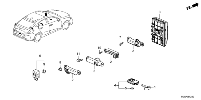 2021 Honda Civic Fob Assembly, Entry Key Diagram for 72147-TGG-A12