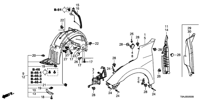 2018 Honda Civic Pad, R. FR. Fender Partition Diagram for 74285-TEA-T00