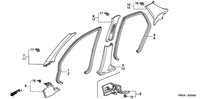 2002 Honda Accord Garnish Assy., L. Center Pillar (Upper) *B96L* (LIGHT LAPIS) Diagram for 84161-S84-A01ZA