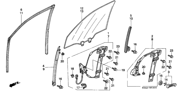2000 Honda Civic 4 Door GX (ABS) KA 4AT Front Door Window Diagram