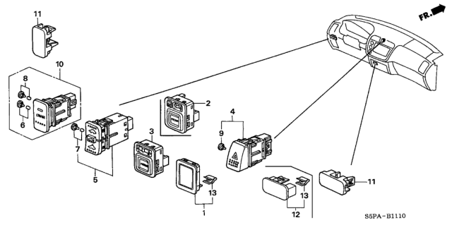 2005 Honda Civic Switch Assembly, Hazard (Graphite Black) Diagram for 35510-S5A-J01ZA