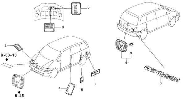 1998 Honda Odyssey 5 Door LX (6 SEATS) KA 4AT Emblems - Caution Labels Diagram