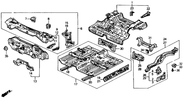 1988 Honda Civic Outrigger, L. Middle Crossmember Diagram for 65670-SH3-A01ZZ