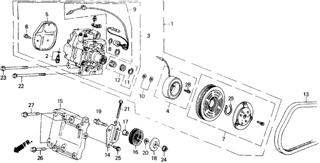 1990 Honda Civic 4 Door LX KA 4AT A/C Compressor (Matsushita) Diagram