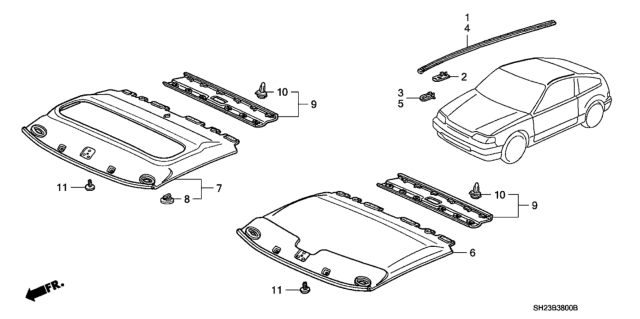 1988 Honda CRX Molding Assy., R. Roof Diagram for 74306-SH2-010