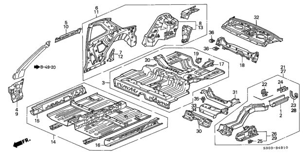 1998 Honda Prelude Frame B Set, L. RR. Diagram for 04654-S30-300ZZ