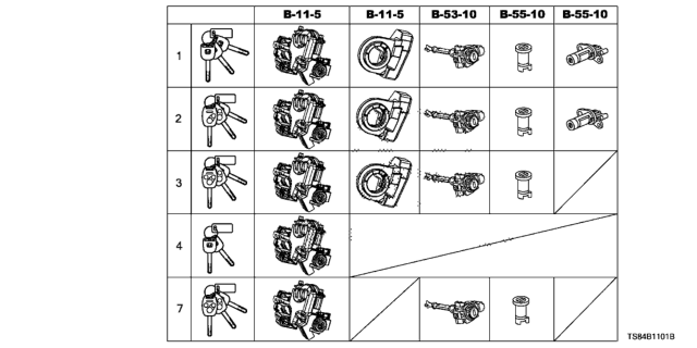 2012 Honda Civic Cylinder Set, Key Diagram for 06350-TS8-A11