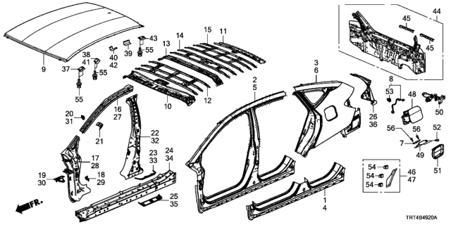 2018 Honda Clarity Fuel Cell Gutter Comp R, RR. Diagram for 63320-TRT-A01ZZ