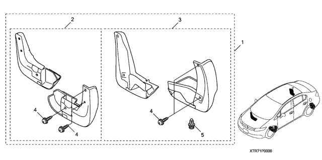 2012 Honda Civic 4 Door SI (HPT/NAVIGATION) KA 6MT Splash Guards Diagram