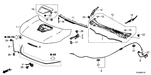 2020 Honda Civic Hinge Complete L, Hood Diagram for 60170-TGH-A00ZZ