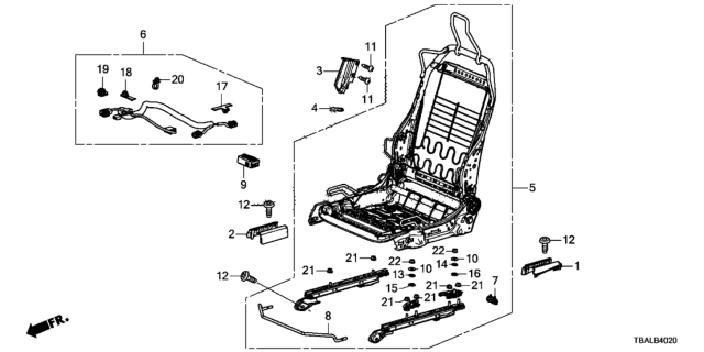 2020 Honda Civic 4 Door SI KA 6MT Front Seat Components (Passenger Side) Diagram
