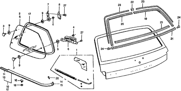 1979 Honda Civic 3 Door ** KL HMT Quarter Window - Tailgate Moldings Diagram