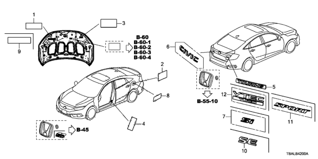 2020 Honda Civic Emblems - Caution Labels Diagram