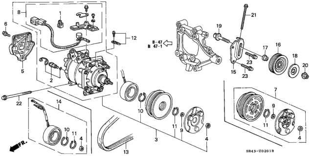 1993 Honda Civic 4 Door LX KL 4AT A/C Compressor (Sanden) Diagram
