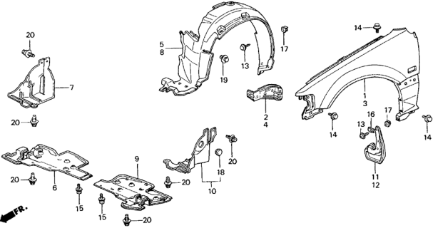 1991 Honda Civic Splash Guard, Right Front Diagram for 75800-SH5-A02