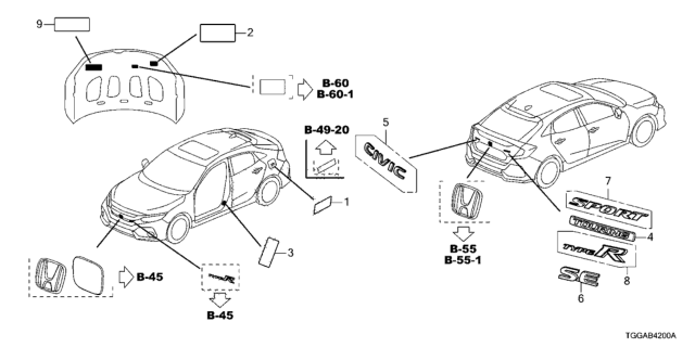 2021 Honda Civic Emblems - Caution Labels Diagram