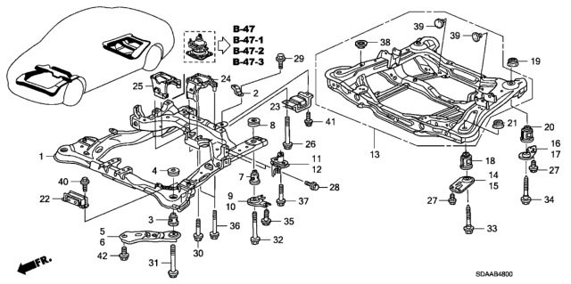 2007 Honda Accord 4 Door EX KA 5AT Front Sub Frame - Rear Beam Diagram