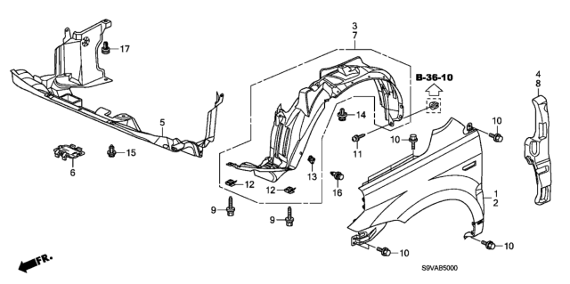 2008 Honda Pilot 5 Door LX-VP (2WD) KA 5AT Front Fenders Diagram