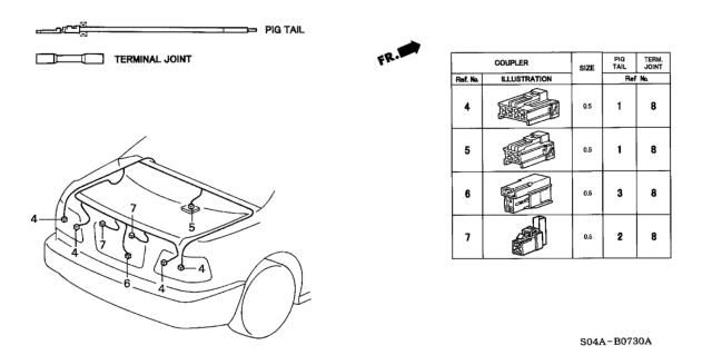 1998 Honda Civic 4 Door GX KA 4AT Electrical Connector (Rear) Diagram