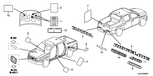 2009 Honda Ridgeline Emblems - Caution Labels Diagram