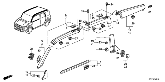 2011 Honda Element Molding - Roof Garnish Diagram