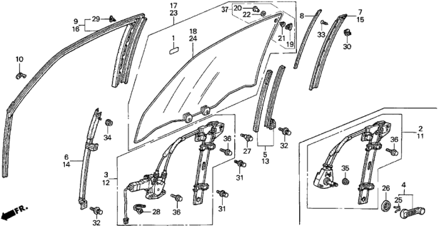 1994 Honda Accord Regulator Assembly, Passenger Side Door Diagram for 72210-SV2-A11
