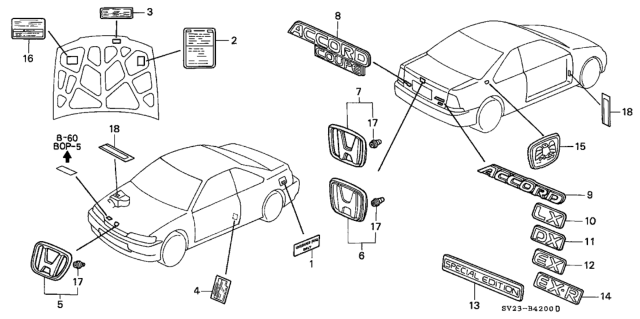 1995 Honda Accord 2 Door EX KA 5MT Emblems - Caution Labels Diagram