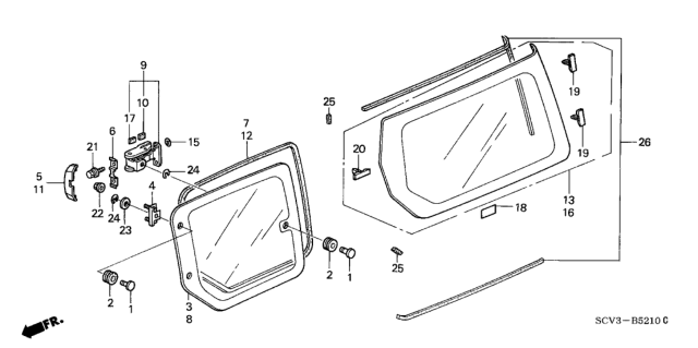 2003 Honda Element Access Panel Glass  - Quarter Glass Diagram