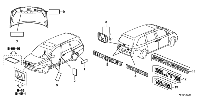 2012 Honda Odyssey 5 Door LX KA 5AT Emblems - Caution Labels Diagram