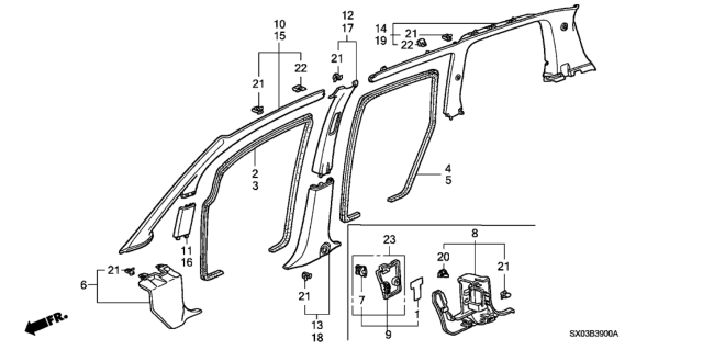 1998 Honda Odyssey 5 Door LX (7 SEATS (3PB)) KA 4AT Pillar Garnish Diagram