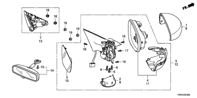 2020 Honda Accord Hybrid Set Passenger Side, Mirror Assembly Diagram for 76208-TVA-A22