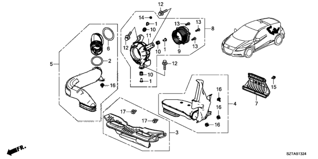 2014 Honda CR-Z Duct Assy., Air Outlet Diagram for 1J650-RTW-003