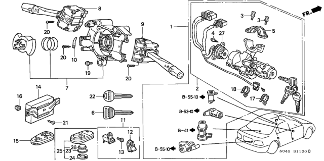 1996 Honda Civic Key Set, Cylinder Diagram for 06350-S01-A10