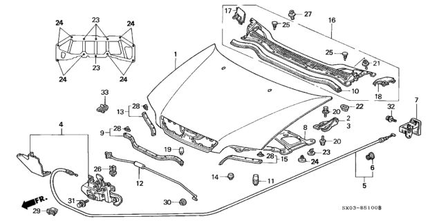 1997 Honda Odyssey 5 Door LX (7 SEATS (3PB)) KA 4AT Hood Diagram