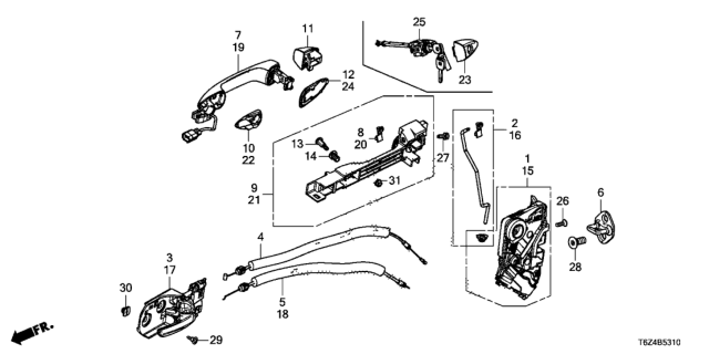 2019 Honda Ridgeline Front Door Locks - Outer Handle Diagram