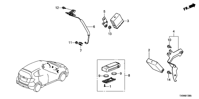 2014 Honda Fit EV Fob Assembly, Interactive Remote Control Diagram for 72147-TX9-A01