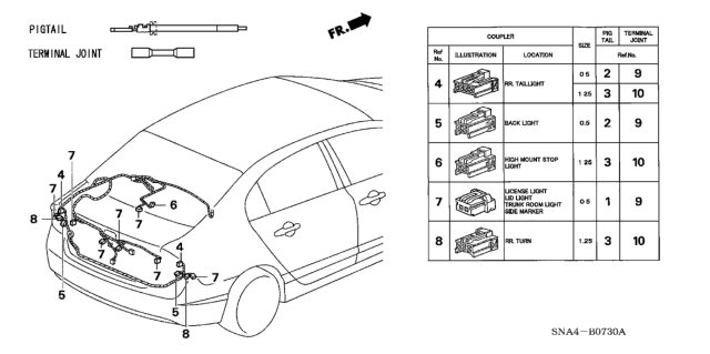 2007 Honda Civic Electrical Connector (Rear) Diagram