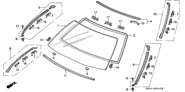 1992 Honda Accord Molding Assy., L. FR. Windshield Side & Corner Diagram for 73162-SM4-A14