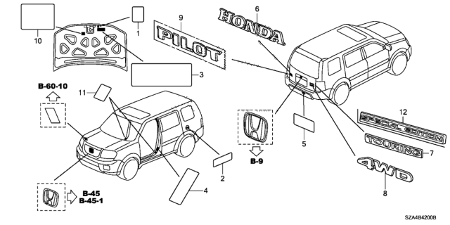 2009 Honda Pilot Emblems - Caution Labels Diagram