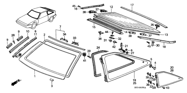 1987 Honda Accord Clip, RR. Windshield Molding (Upper) Diagram for 91505-SE0-003