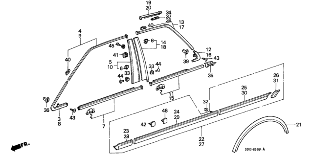 1989 Honda Accord Molding, L. Roof *NH502M* (ASTURIAS GRAY METALLIC) Diagram for 74316-SE3-A00ZK